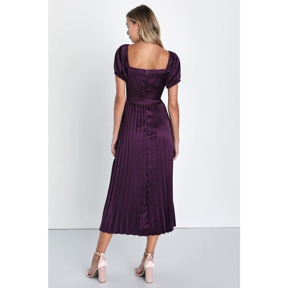Lulus Flawless Forever Dress Women's L Dark Purple Midi Satin Pleated NWT - Picture 4 of 11